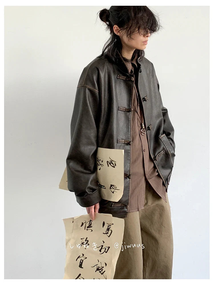 Spring Cool Oversized Vintage Distressed Pu Leather Jacket Men Elegant Luxury Designer Chinese Style Clothes 2024