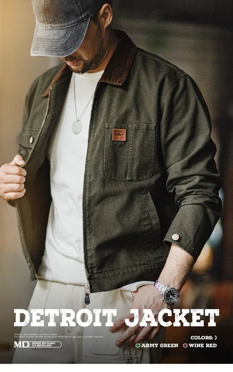 Retro Heavyweight Canvas Detroit Jacket Corduroy Collar Hunting Short Zip-Up Jacket with Pockets Men's Autumn Outerwear