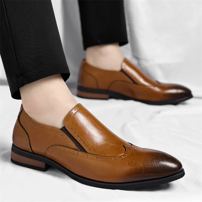 Men's Genuine Leather Brogue Loafers Dress Shoes with Wingtip Perforations Comfortable Business Casual Oxfords Office & Weddings