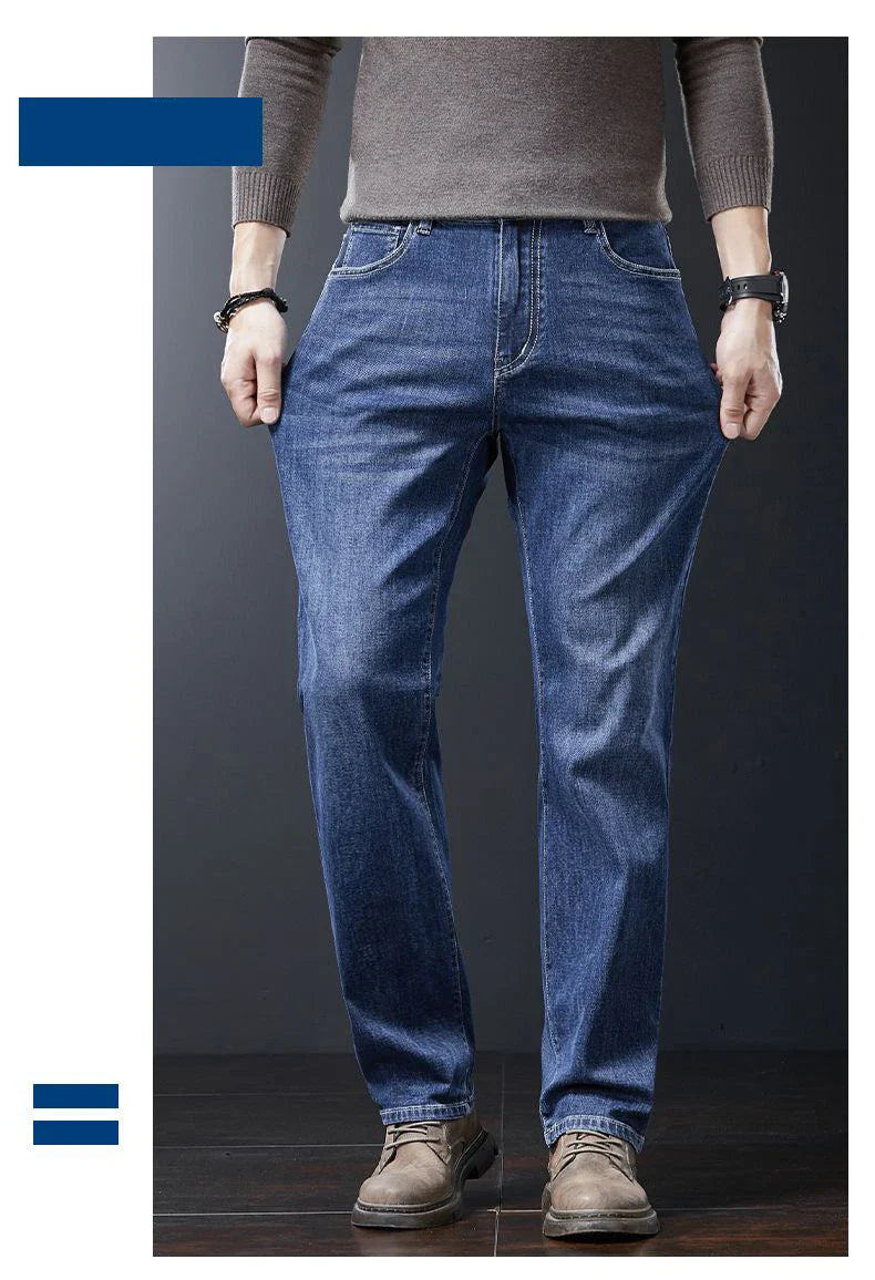Men's Soft Stretch Straight Jeans Business Casual Slim Fit Wash Denim Pants Korean Fashion Blue Gray Male Brand Trousers