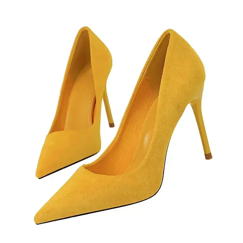 Women 9cm High Heels Daily Party Colorful Suede Pumps Female Scarpins Stiletto Evening Banquet Red Yellow Shoes Plus Size 34-43