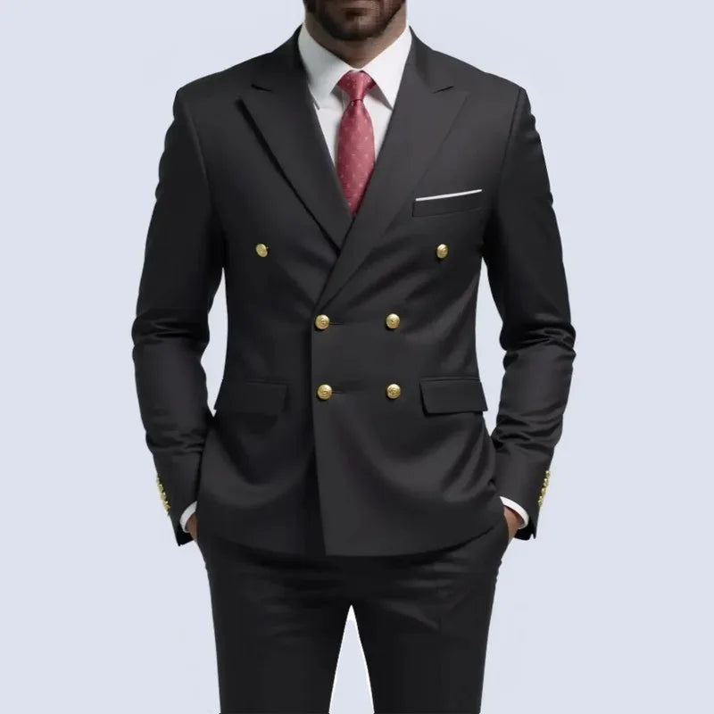 Navy Blue Double Breasted Men's Tuxedo with Gold Buttons High Quality Business Suit for Wedding Groom Party Prom