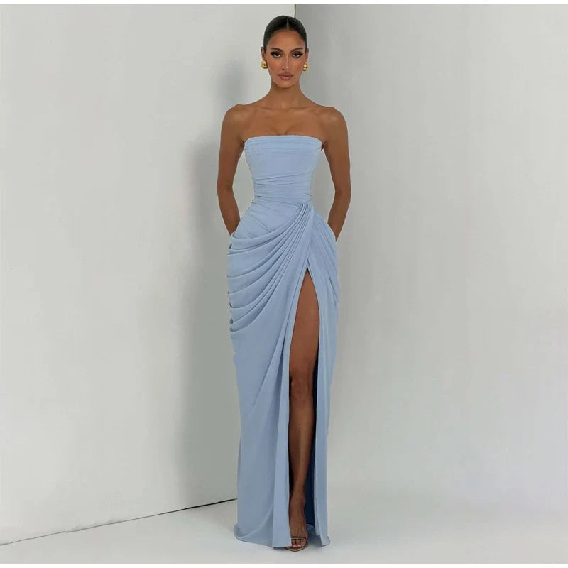 Lady Sexy Strapless Split Solid Pleated Dress Women Chic Backless High Waist Off-shoulder Dresses 2026 New Evening Party Gowns