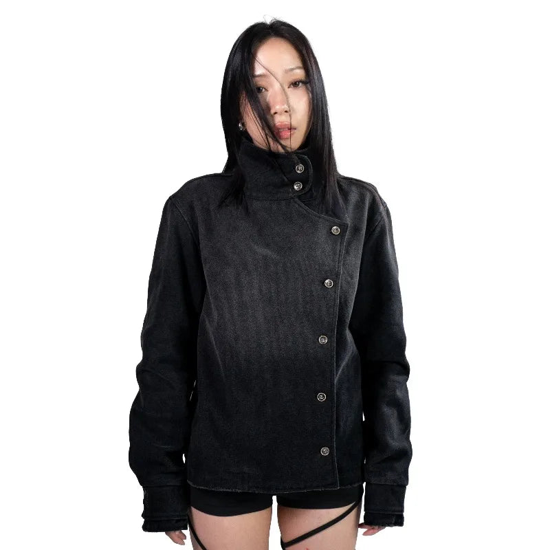 جاكيت Y2k Fencing Vintage Wash بتدرجات لونية وأزرار غير منتظمة جاكيت للجنسين على الطراز القوطي Harajuku Streetwear من قماش القطن جاكيت كاجوال