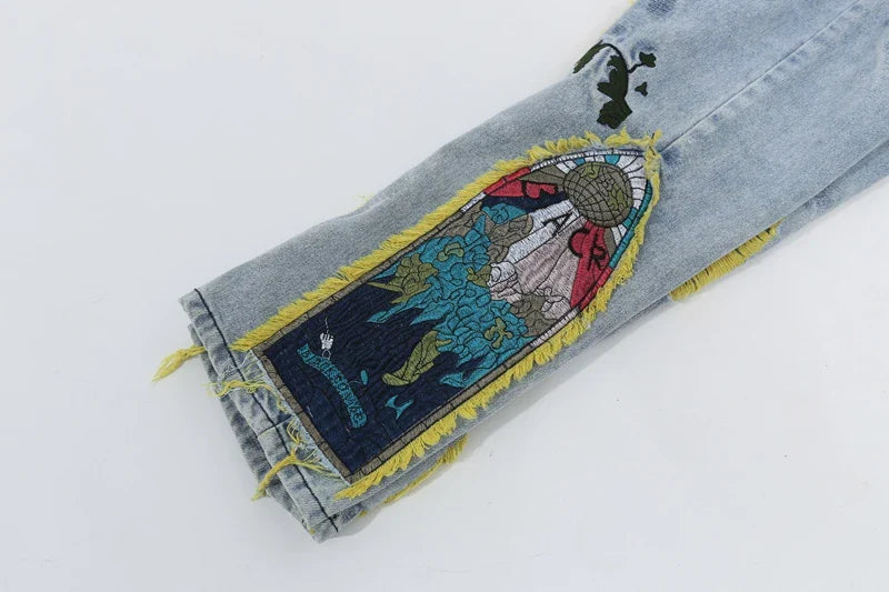 Chinese Painting Embroidered Patch Denim Ripped Jeans for Men Streetwear Pleated Tassels Distressed Destroyed Jean Straight Male