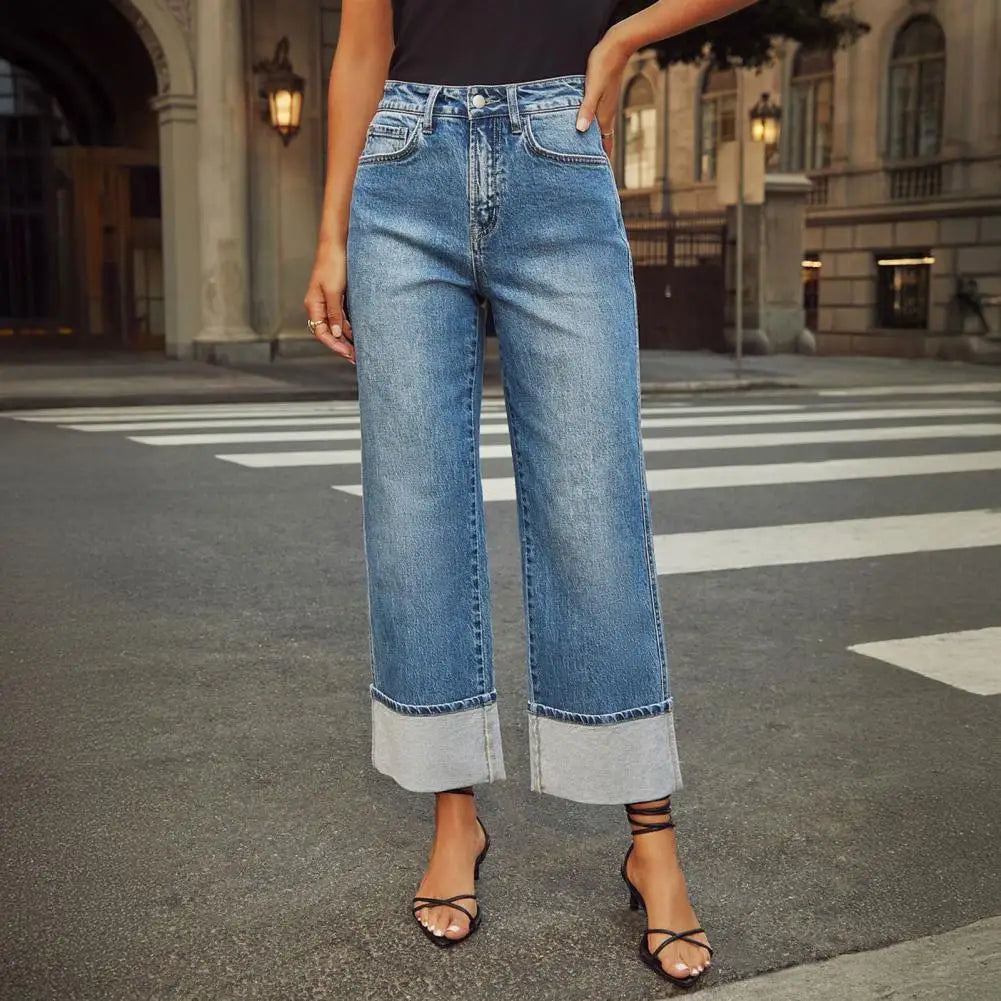 Women Baggy Jeans High Waisted Button up Denim Pants Elastic Cuffed Hem Straight Wide Leg Jeans with Pockets Streetwear