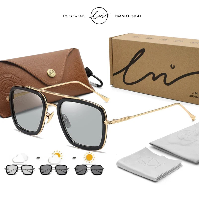 High Quality Tony Stark Square Sunglasses Photochromic Polarized Men Glasses Steampunk Women Driving Night Vision Goggles
