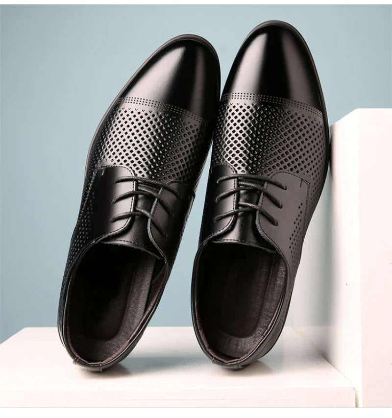Mens Black Genuine Leather Perforated Cap Toe Lace Up Formal Business Oxford Shoes Breathable Summer Office Casual Dress Shoes