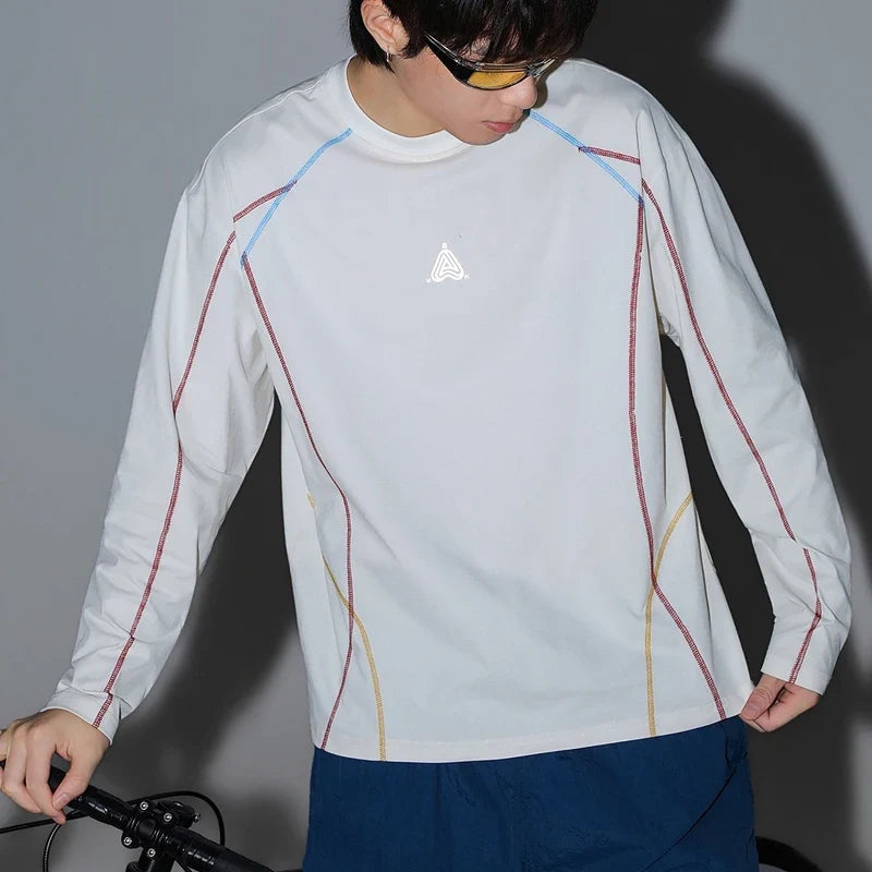Men's Cool-Touch Contrast Stitch Long Sleeve T-Shirt – Loose Fit Moisture-Wicking Athletic Top for Autumn & Summer Sports