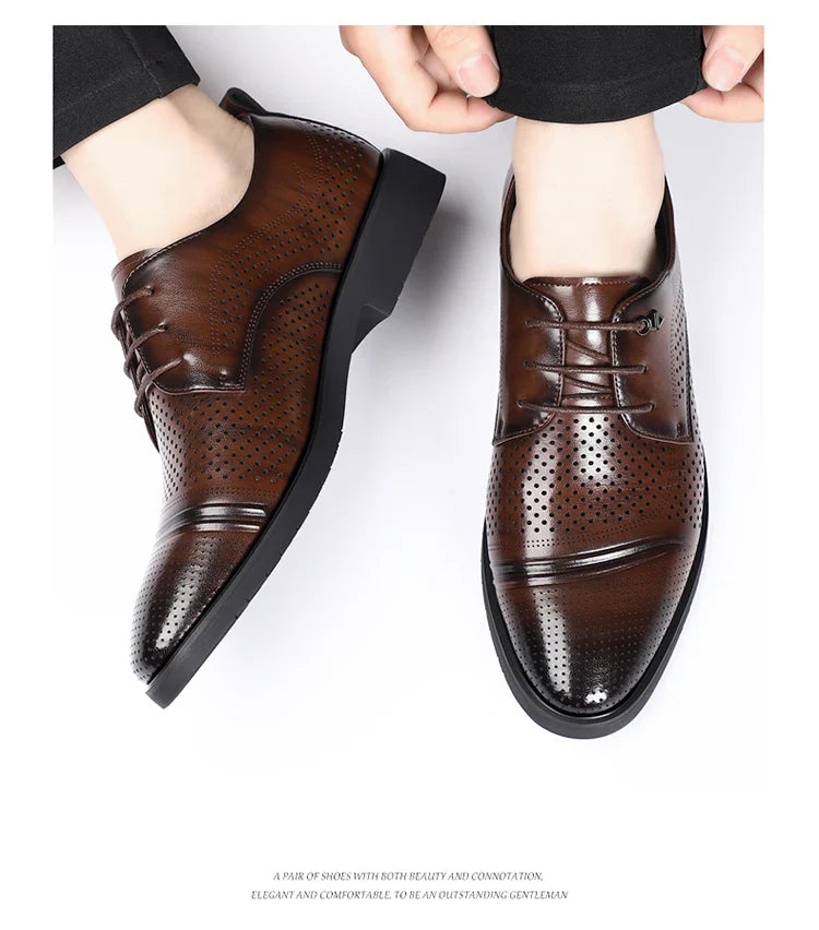 Men's Summer Breathable Leather Shoes Hollow out Fashionable Slip-On Comfortable Anti-Slip Soft Bottom Derby Shoes-SJ2501-1