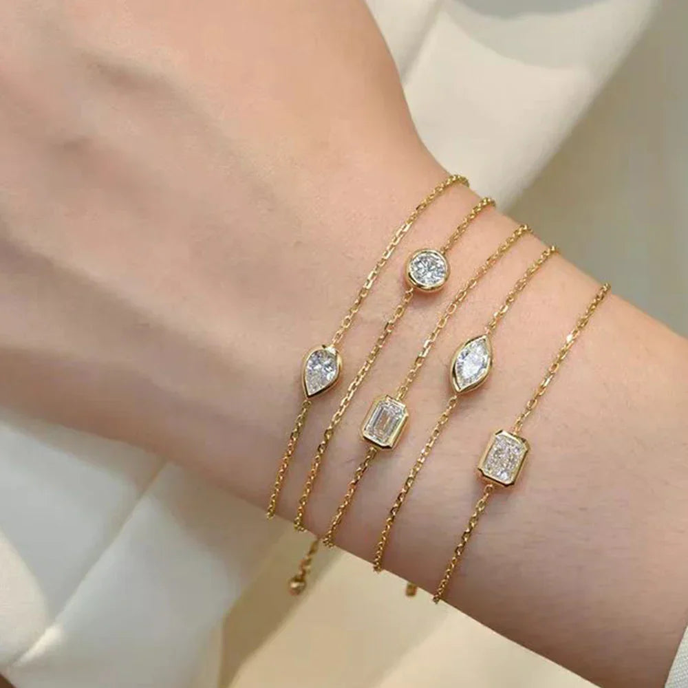 Lucky Clover Full Moissanite Link Bracelet Women S925 Silver Pear Cut Lab Diamond Bridal Adjustable Dainty Hand Chain Gift