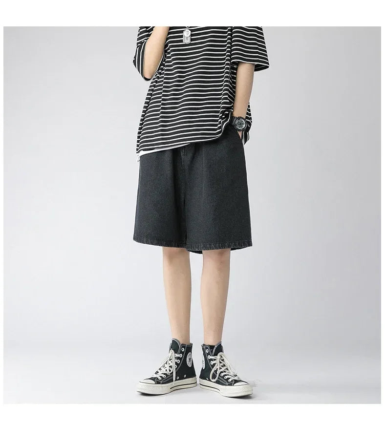 Wide Baggy Denim Shorts Men Summer Thin Solid Color Casual Loose Knee-length Pants Male Jeans Shorts Streetwear