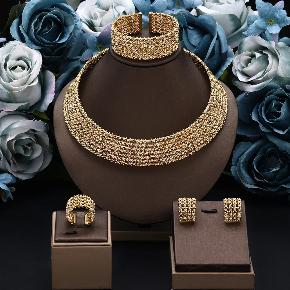 Dubai Wedding Bridal Full Jewelry Sets For Women Party Luxury Nigeria Gold Plated Beads Choker Necklace Jewelry Set