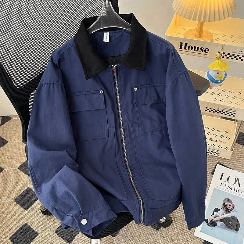 American Retro Workwear Jacket Loose Casual Men's Pilot Style Outerwear Trendy Polyester Fiber Zipper Closure Spring Autumn