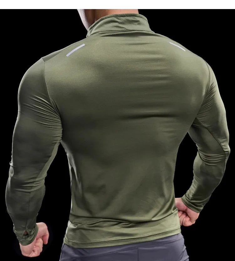 Men Long Sleeve Stand Collar Zipper T-shirt Gym Running Training Fitness Bodybuilding Sport Top Quality Elastic Tight Tops Tees
