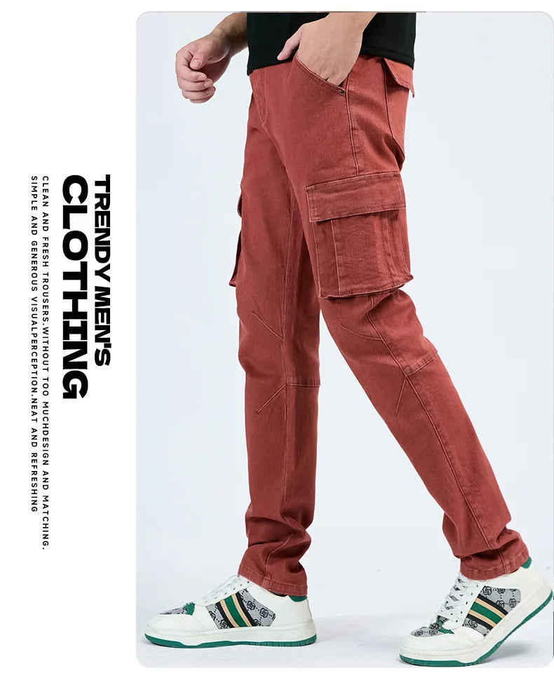 Men's Street Style Elastic Waist Denim Cargo Pants Solid Color Washed Slim Fit Casual Jeans with Multiple Pockets for Daily Wear