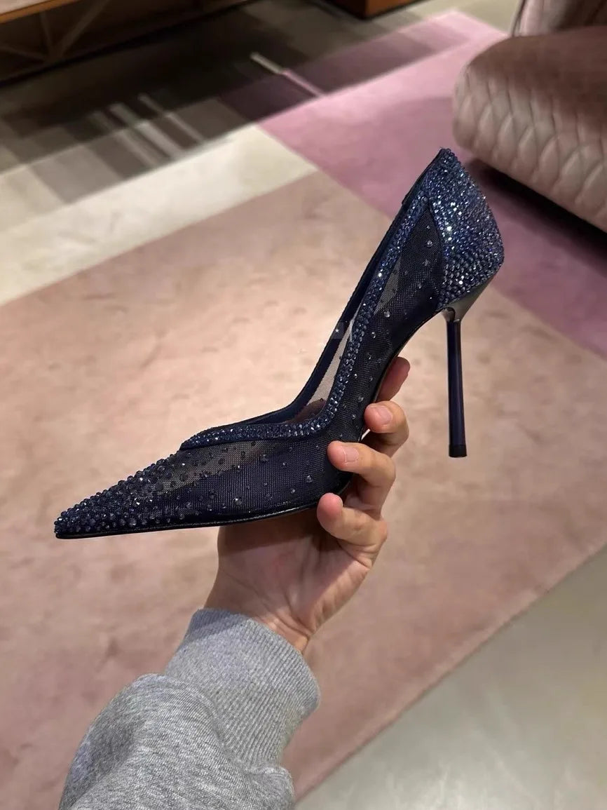 New mesh rhinestone pointed thin heel high heels for women, shallow mouth single shoes, sexy spicy sandals