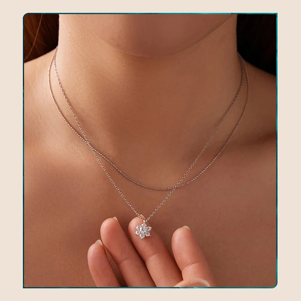 Double-layer Moissanite Necklace for Women, 925 Sterling Silver Snowflake Pendant Necklace for Women Dazzling Winter Gift