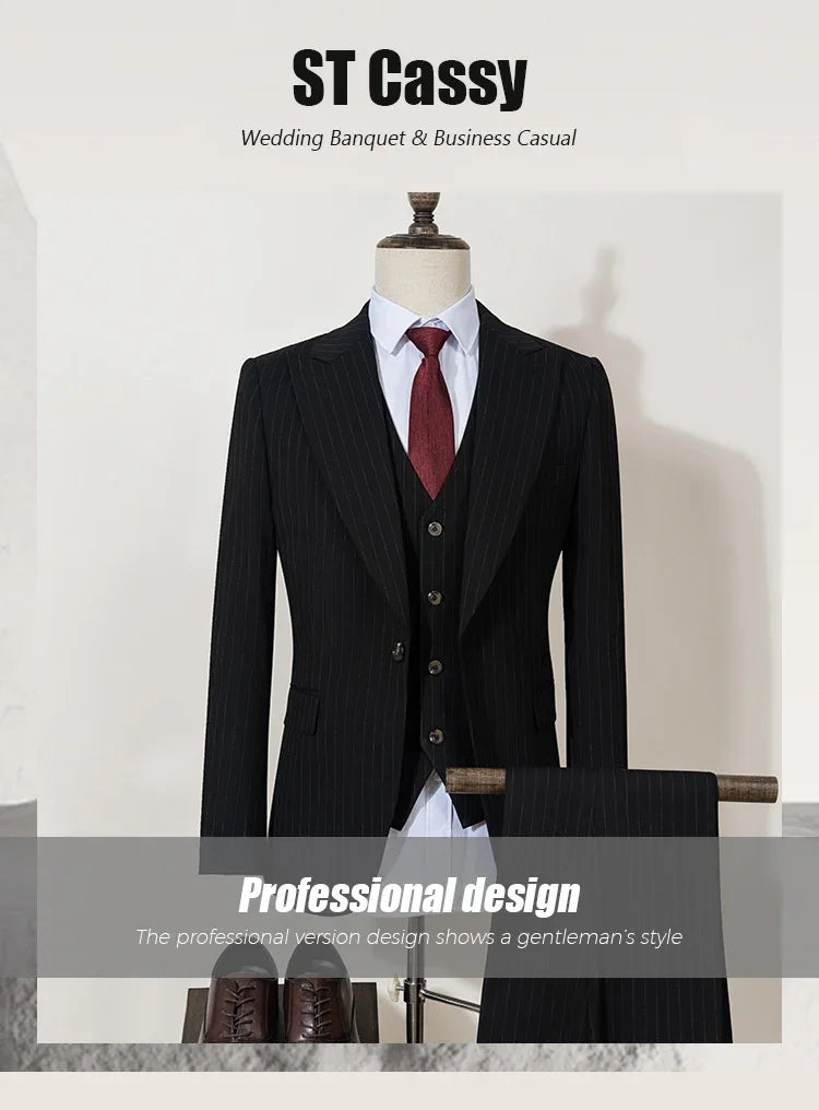 High-quality striped suits for men slim fit luxurious and elegant men's business suit 3-piece set party full men's suit