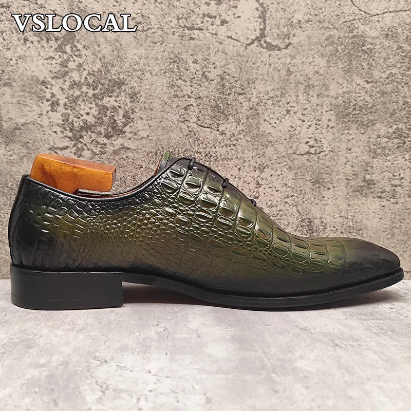 Luxury Men Oxford Shoes Green Black Croco Print Casual Mens Dress Shoes Lace up Wedding Office Genine Leather shoes men