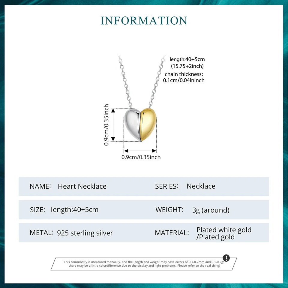 Gold Plated Heart Pendant Necklace for Women, 925 Sterling Silver Couple Heart Fashion Waterproof Metal Daily Jewelry