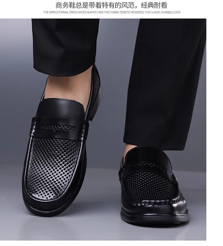 2026 Summer New Men's Breathable Leather Loafers Slip-On Hollow Out Casual Business Casual Shoes for Man Flat Driving Shoes Male