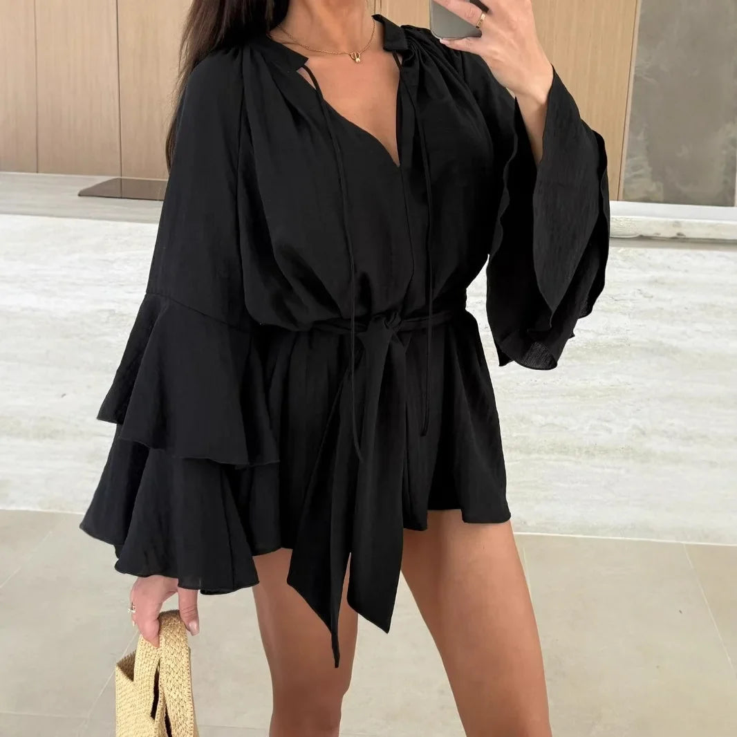 2026 Autumn Ruffle Loose Mini Dress Casual Flare Sleeve Holiday Dresses Sexy Deep V-neck Lace Up Solid Women's Dress Vestidos
