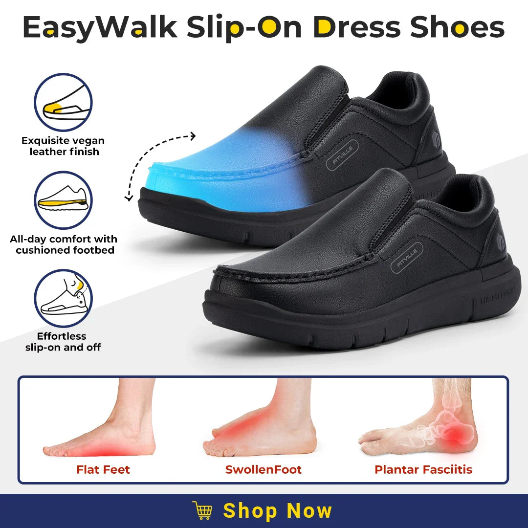 Men'S Slip-On Casual Shoes Leather Shoe Wide Width 2E Lightweight For Swollen Feet With Arch Support Pain Relief