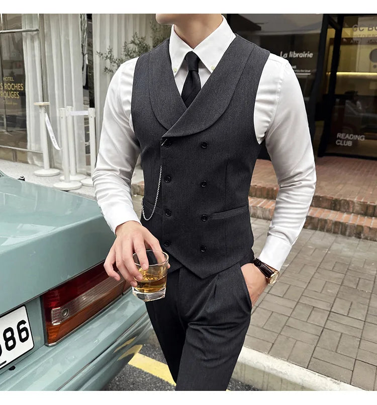 ( Vest + Pants) Men Luxury Double Breasted Design Suit Vest 2 pieces Formal Groom Wedding Dress Vest Set Fashion Club Clothing