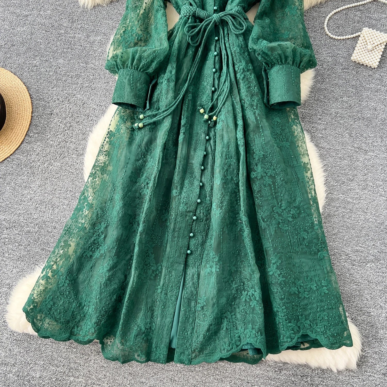 High-End Women's Dress Heavy Embroidery A-Line Long Skirt V-Neck Lantern Sleeve Single Button High Waist Korean Style Commute