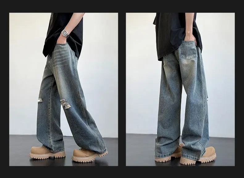 Men's American Style Loose Straight Leg Jeans Vintage Spring Summer New Arrival Drapey Trendy Wide Leg Long Pants