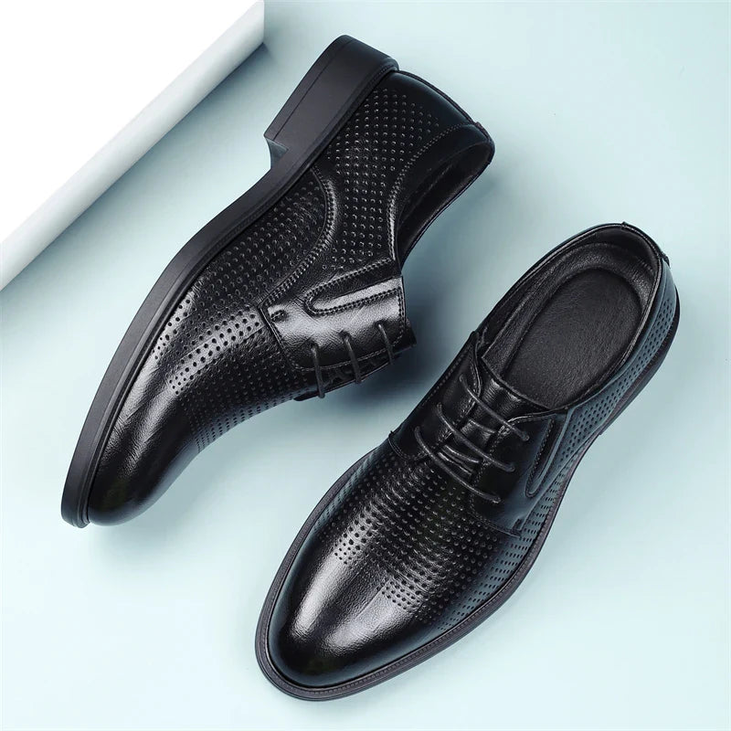 Men's Summer Breathable Leather Shoes British Style Comfortable Soft Business Formal Derby Shoes Hollow out Design-SJ6607-1