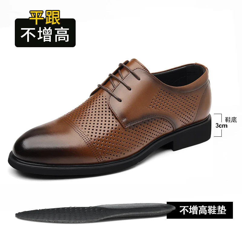 Mens Black Genuine Leather Perforated Cap Toe Lace Up Formal Business Oxford Shoes Breathable Summer Office Casual Dress Shoes