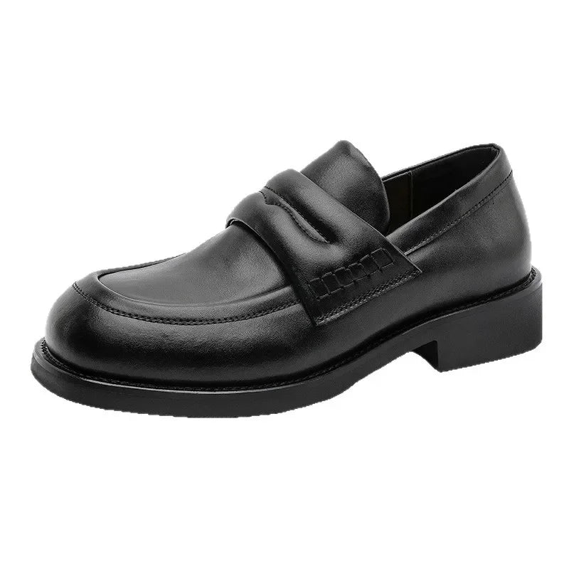 Low-Heel Round-Toe Business Casual Shoes Easy-To-Wear Thick-Heeled Height-Increasing Leather Loafers for Men Spring Autumn