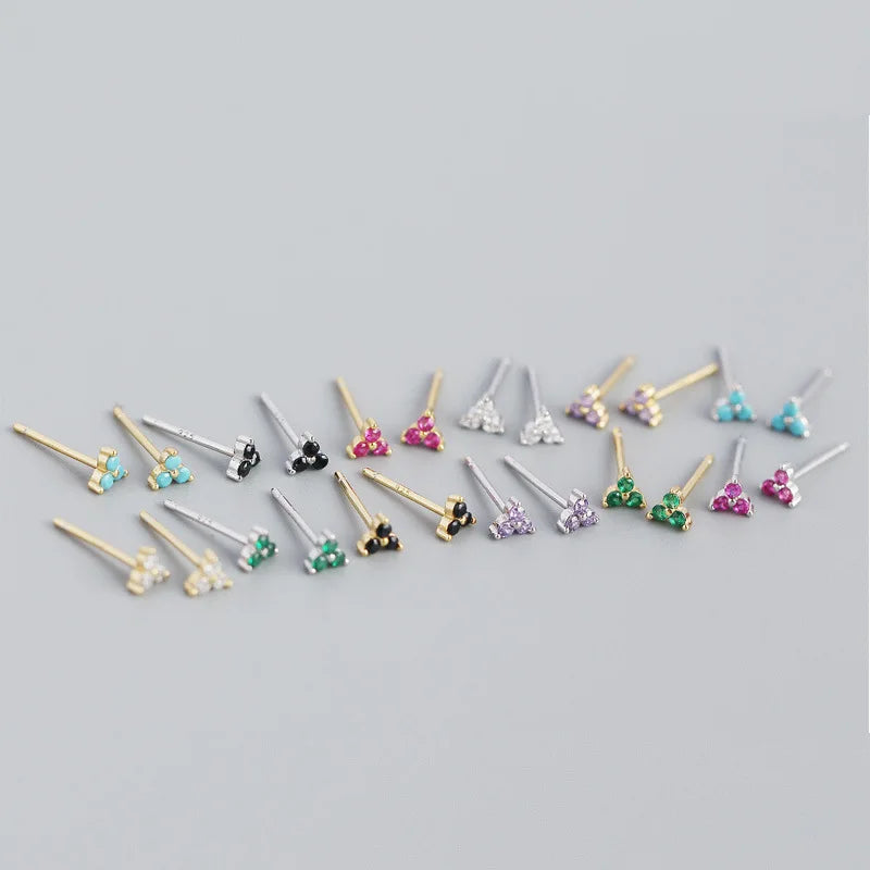 925 Sterling Silver Romantic Color Zircon Three-petal Flower Stud Earrings for Women Fashion Huggies Piercing Jewelry