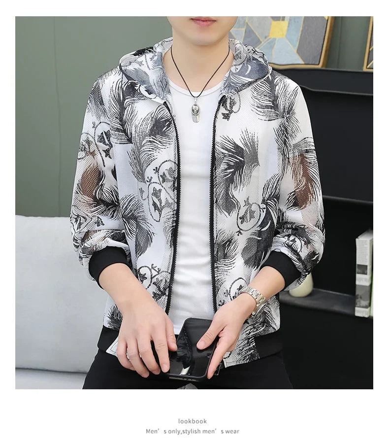 Men's Summer Mesh Sun Protection Clothing Trendy Stripe Print Ice Silk Cool Feeling Breathable Quick Dry Hooded Jacket