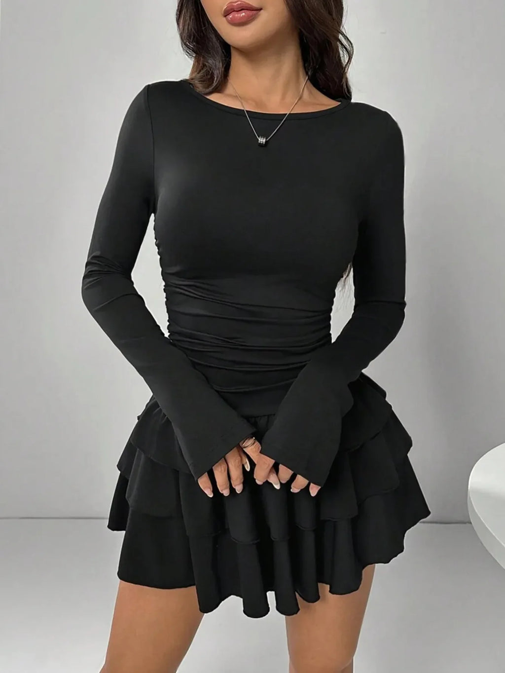 Autumn Winter Solid Color Slim Fit Cascading Ruffles Mini Dress Women Elegant Flare Sleeve High Waist Sexy Party Bodycon Dresses