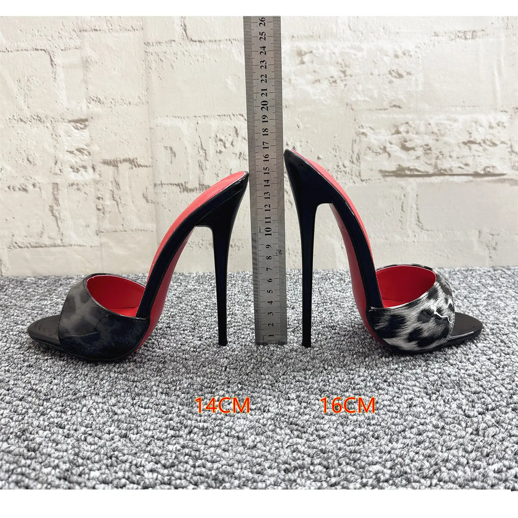 New 12cm fashionable high-heeled patent leather leopard print slippers with sexy open toed sandals, reversed size, 33-46