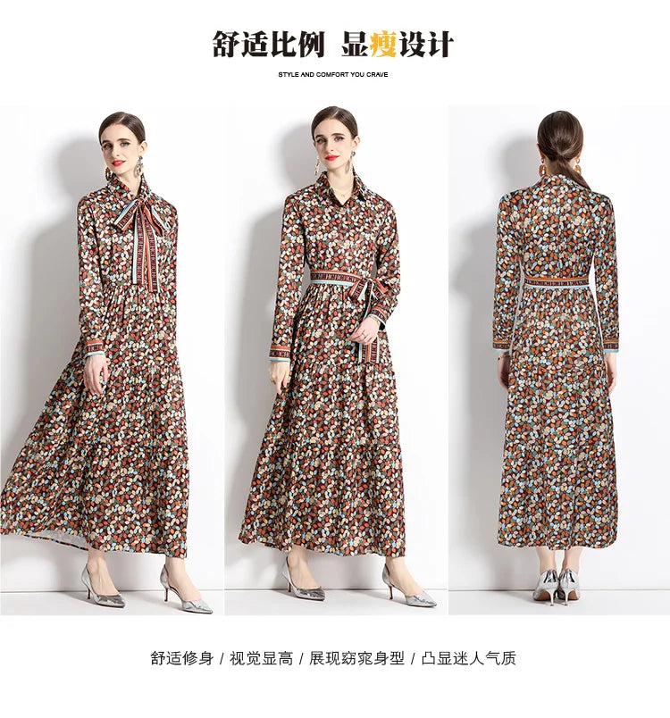 2024 Autumn New Women's European and American Versatile Waist and Slimming Letter Positioning Printed Dress A-line Long Dress