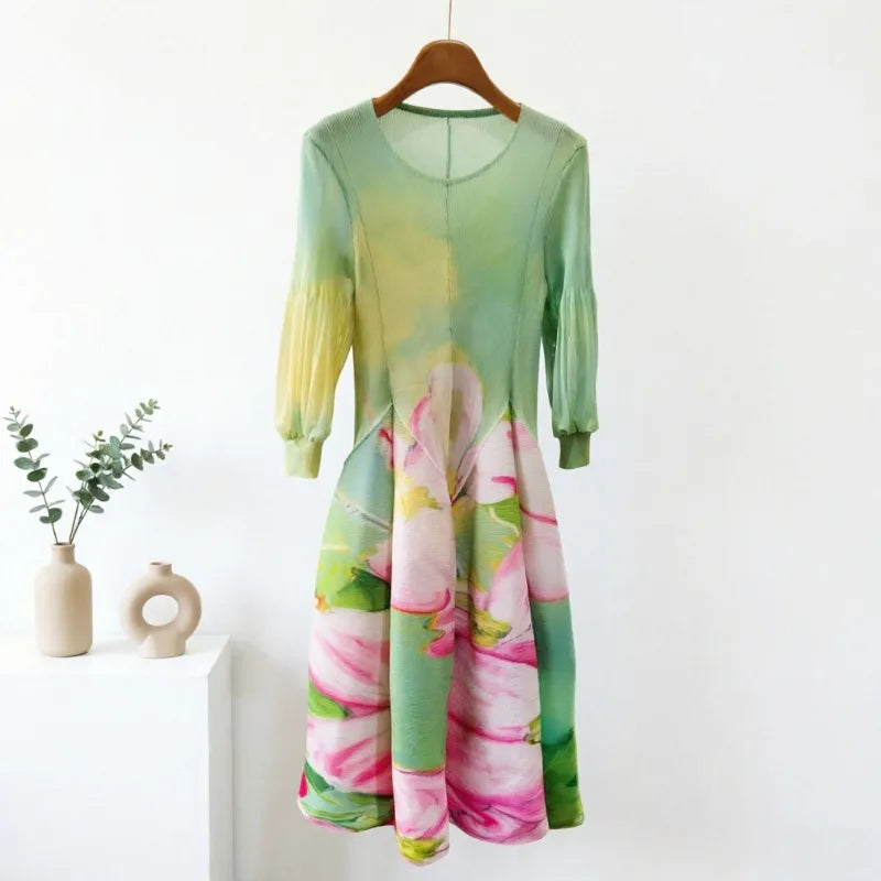 Miyake Pleated Dresses 2026 Autumn New Gentle French Print Elegant Stretch Plus Size Women's Long Sleeve Bounce Flower Bud Dress