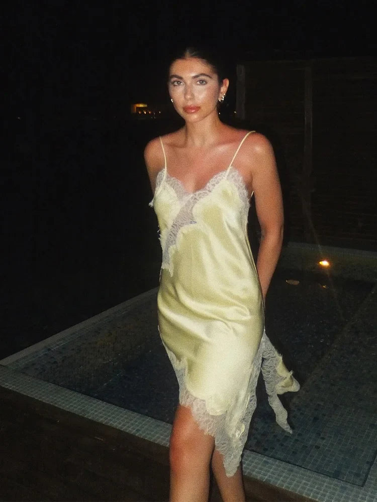 Woman Summer Sexy Sleeveless Backless Chic Beach Party Dress Women's Elegant Asymmetry Lace Decorate Slim Sling Dress