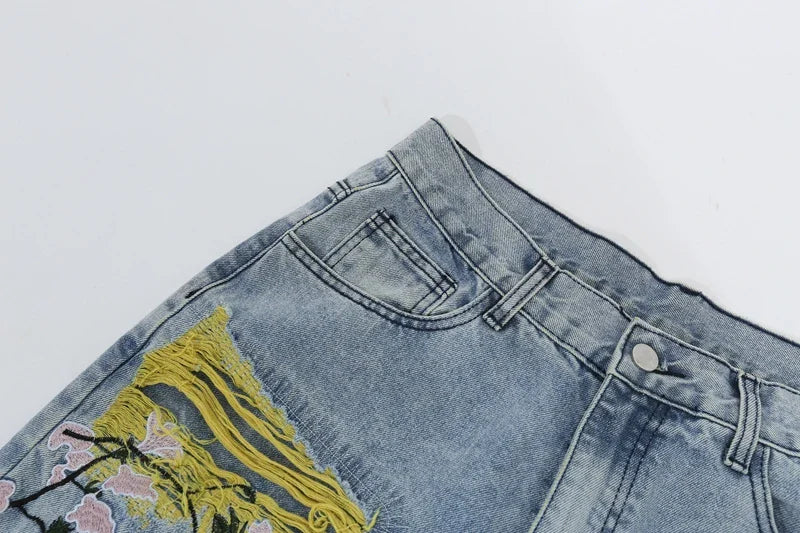 Chinese Painting Embroidered Patch Denim Ripped Jeans for Men Streetwear Pleated Tassels Distressed Destroyed Jean Straight Male