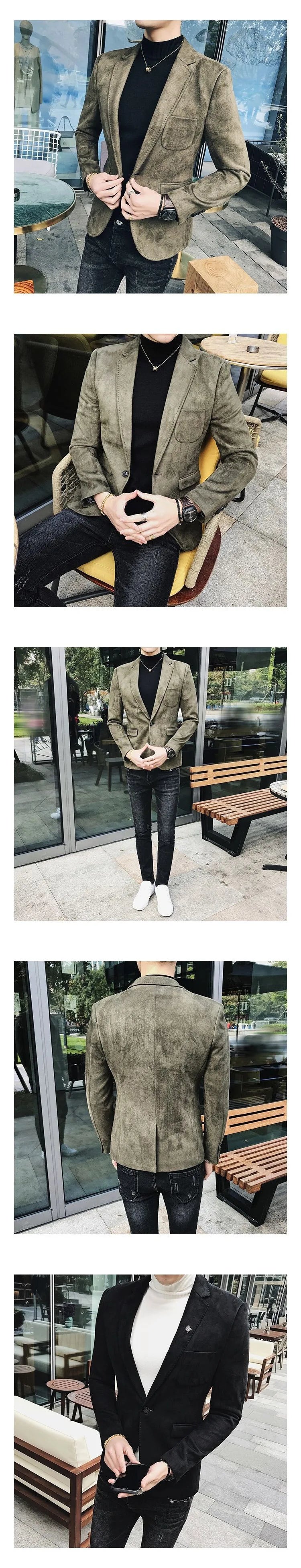 Spring Vintage Suede Suit Jacket Men Casual Business Slim Fit Blazer Deerskin Leather Jacket Men Wedding Street Wear Social Coat