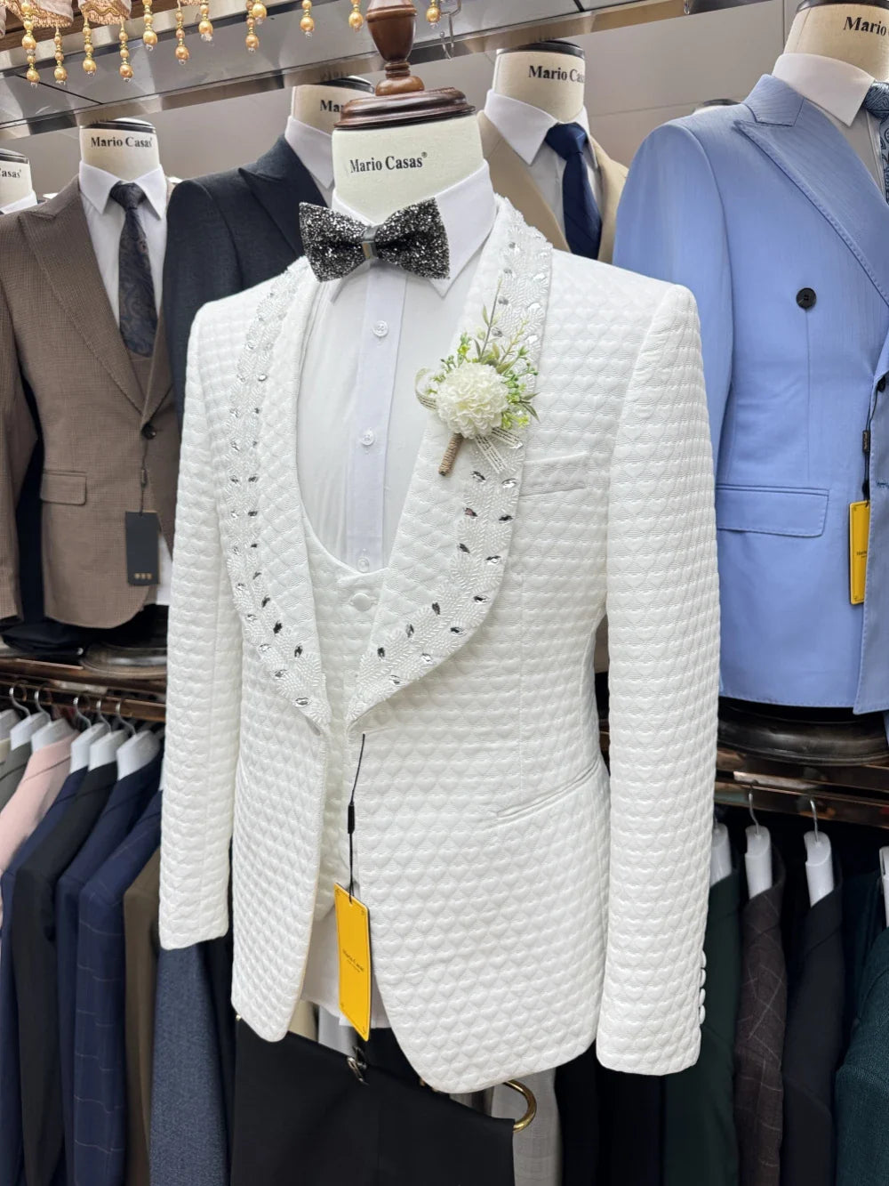 White Jacquard Men's Tuxedo 3 Pieces Blazer Vest Pants Wedding Groom Best Man Outfit Customized Suit Set For Men Birthday Party