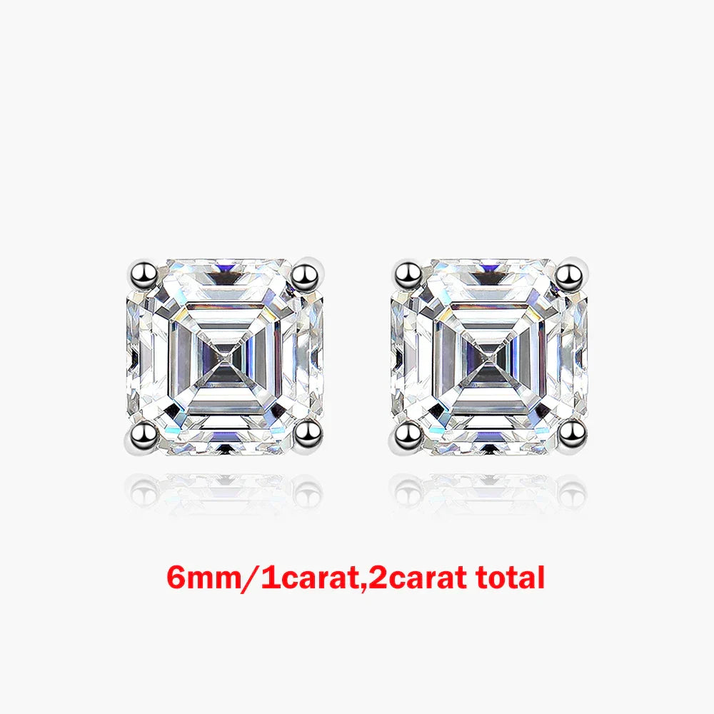 1/2/3CT Asscher Cut Moissanite Stud Earrings with Certificate Square Solitaire Lab Diamond Earring for Women 925 Silver Jewelry
