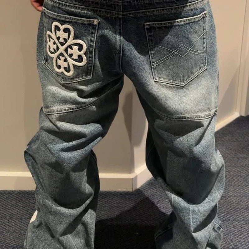 Y2K Vintage Ripped Jeans Patchwork Pocket Flower Embroidery Blue Bootcut Denim Pants American Style Hip Hip Unisex Baggy Pants