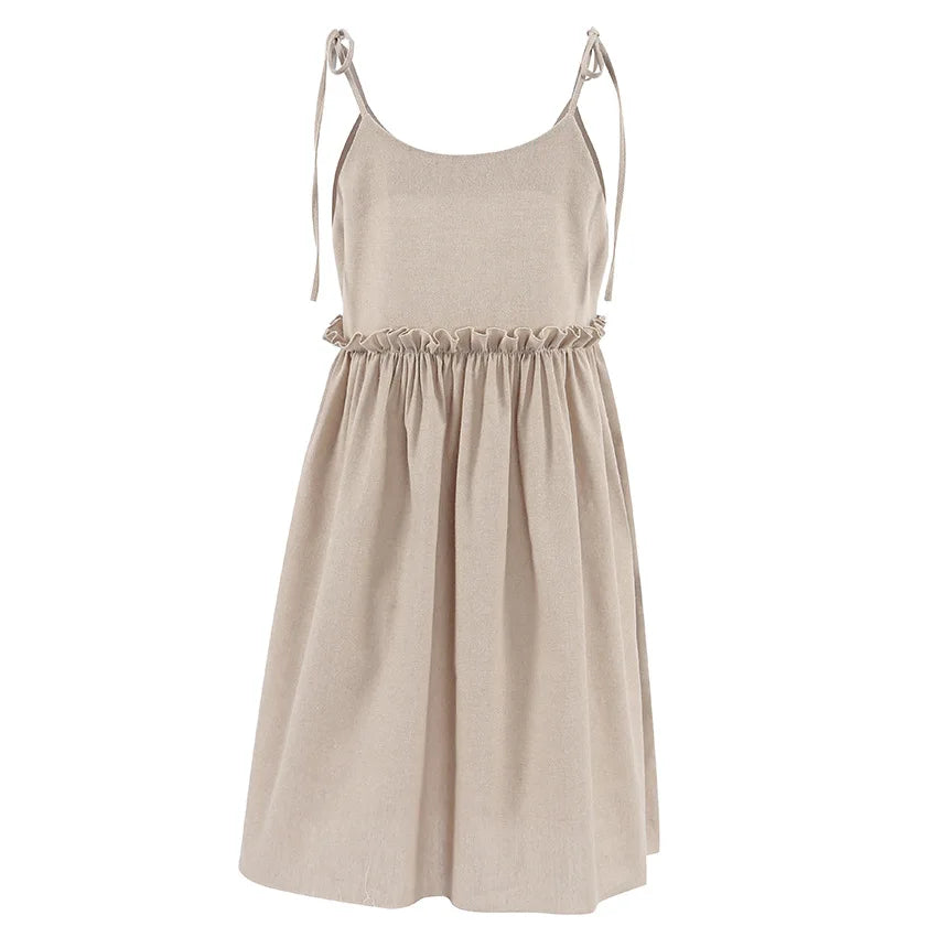 Women's Cotton Linen Spaghetti Strap Mini Dress Summer Loose A-Line Beach Vacation Dress Female Fashion Streetwear Dress