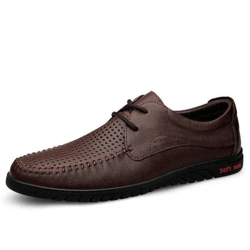 Italian Brand Men's Genuine Leather Casual Shoes Handmade Soles Loafers Lace Up Breathable That's Oxford Shoes for Summer