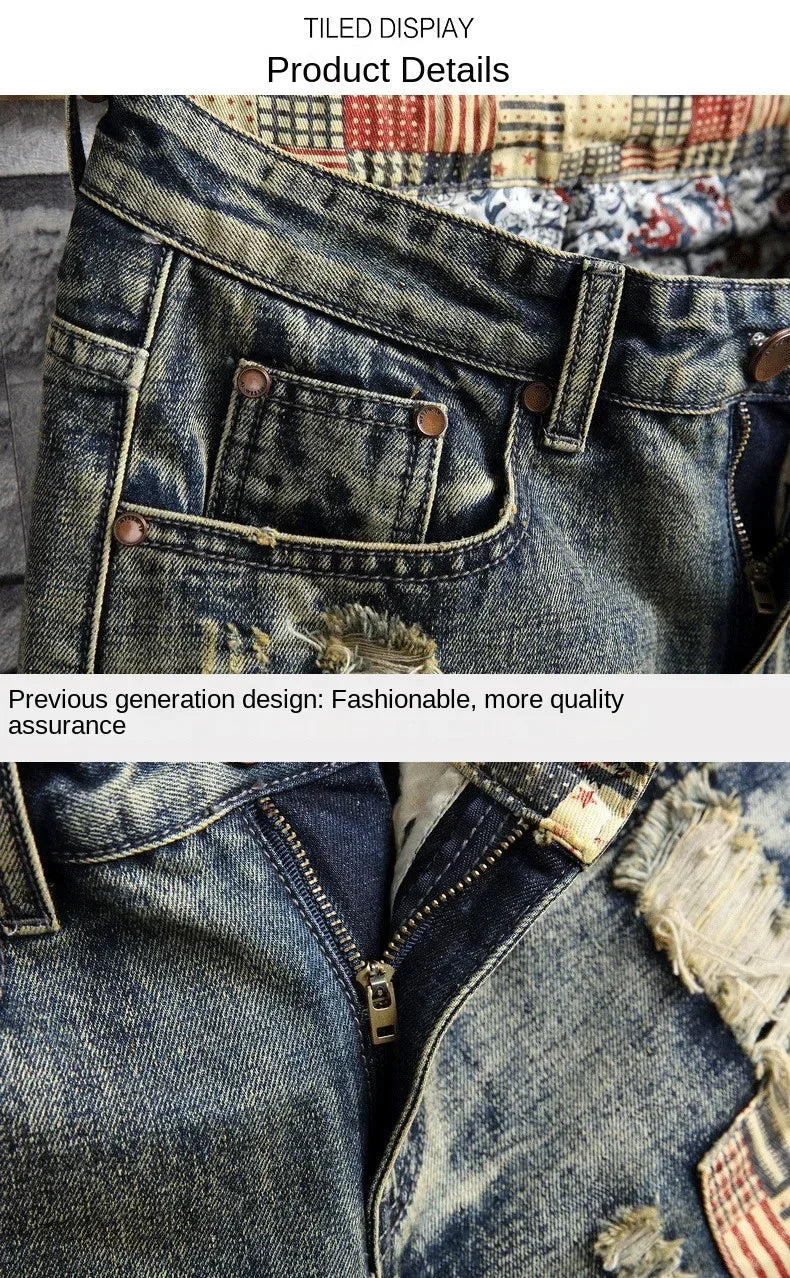 Ripped Short Jeans Men Vintage Denim Shorts Straight Hole Patch Plaid Hip Hop Fashion Knee Length Pants Streetwear