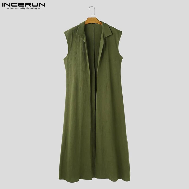 INCERUN Men Long Style Shirts Solid Stand Collar Sleeveless Casual Male Cardigan Streetwear 2025 Fashion Open Stitch Outerwear